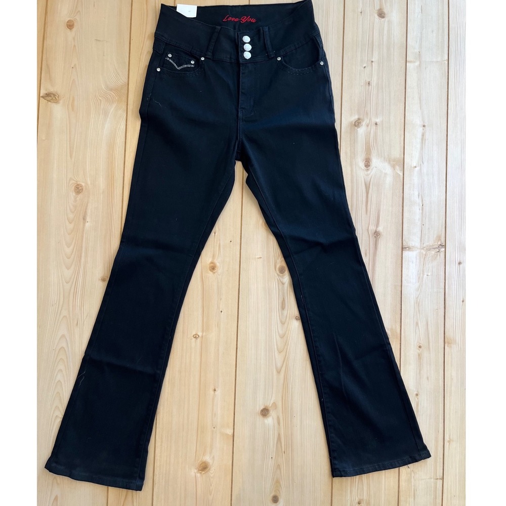 Love You Women Black Flare Jeans Rhinestone Pocket High Waist Size 11/12 NEW‎
